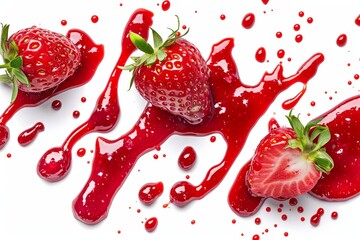 Top view of strawberry jam drizzle on white background with berry splashes