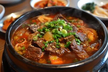 Traditional Korean dishes including beef gomtang and assorted side dishes like salted squid and kkakdugi