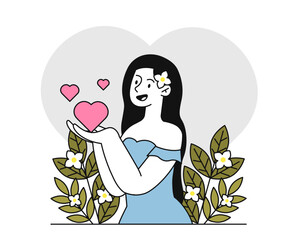 Lover woman concept. Young girl with hearts in hands. Self esteem and love. Positive feelings and emotions. Person with self confidence. Linear flat vector illustration