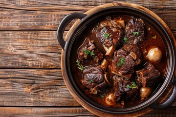 Fototapeta premium Traditional Spanish oxtail stew served in a pot on a wooden table Closeup top view