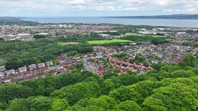 Aerial view of North Belfast, Newtownabbey and Glengormley Co Antrim Coast Northern Ireland 
