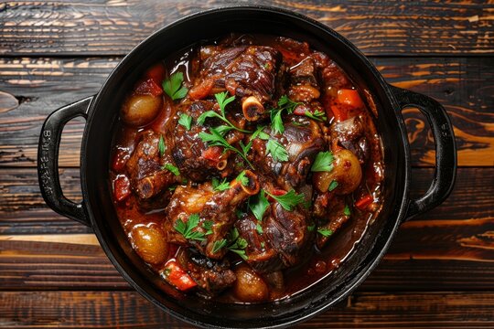 Traditional Spanish oxtail stew cooked in a pot on a wooden table Top view