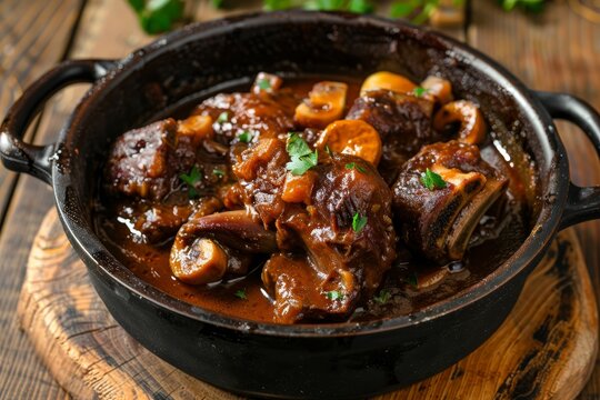 Traditional Spanish oxtail stew on wooden table