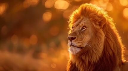 Fototapeta premium Majestic lion basking in golden sunset, close-up. Wildlife and nature photography concept