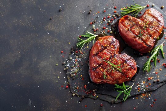 Two heart shaped beef steaks seasoned on stone background