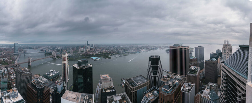Aerial View of Manhattan Skyline with Bridges and River