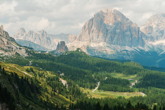 Scenic view of Dolomites surrounded with fit forest 