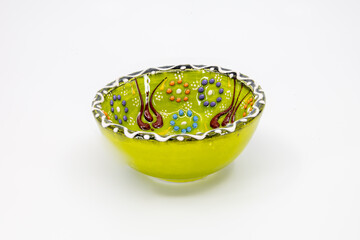 Hand-Painted Green Ceramic Bowl with Floral Patterns