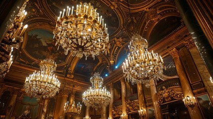 Large, ornate chandeliers hanging from a high ceiling