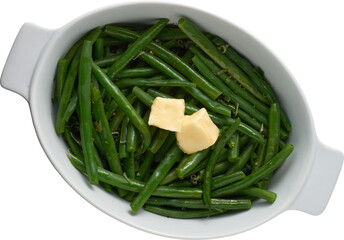 Green beans with a square of butter cooked healthy vegetables  - Ready to use Premium PNG Cutout Isolated image top view