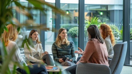 A group of diverse women are sitting in a circle having a discussion. They are all smiling and engaged in the conversation. The background is blurred and there are plants visible in the foreground