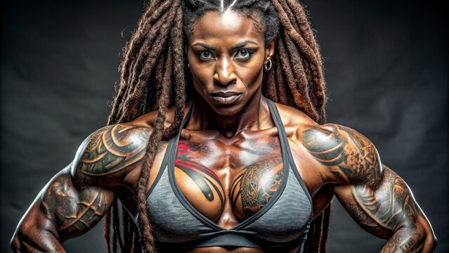 Ebony woman bodybuilder with black background