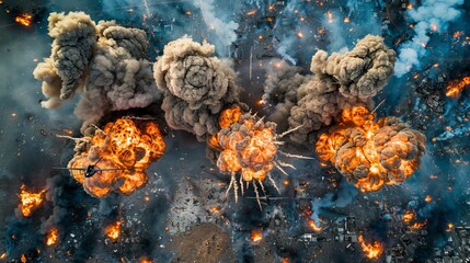 Aerial warfare  devastation with explosions and fire as drone strikes destroy cities