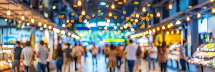 Fototapeta premium Vivid and blurred interior of a large grocery store with soft focus and bright lighting