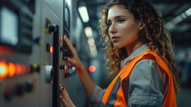 Female engineer in high-visibility vest operating industrial control panel, showcasing workplace safety and technical expertise.