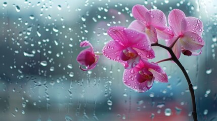 Pink orchid blooming on a window with rain outside