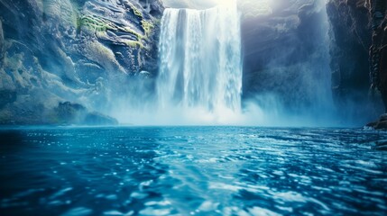 Majestic waterfall cascading into a serene blue pool, natural wonder and tranquility concept