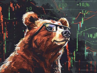 A bear wearing glasses analyzing stock market data charts. Free copy space for text.