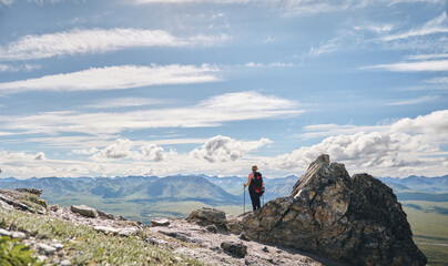 Hiker and majestic wide scenery 