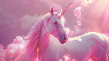 Fototapeta premium White unicorn surrounded by pink clouds, fantasy illustration. Dreamy and magical concept