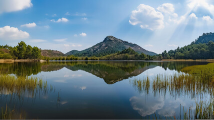 Fototapeta premium a mountain reflecting in water, AI Generative