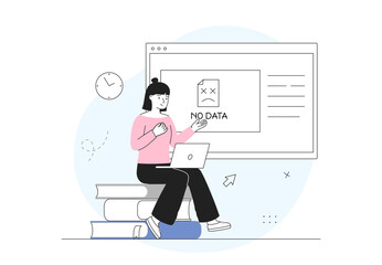 No data file concept. Woman with laptop cannot find document in electronic storage. Problems with digital archive. Broken computer file. Linear vector illustration