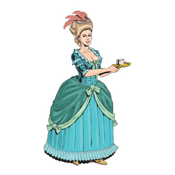 Beautiful aristocratic woman, princess, duchess or queen in an elegant dress holds a cup of coffee or tea. Noble French lady in an luxury dress isolated on a white background vector illustration