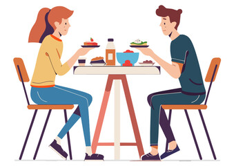 Fototapeta premium Couple sitting at a table, enjoying a healthy meal together with various dishes and drinks.