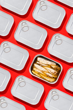 Canned sardines among rectangular tins flat lay on red background
