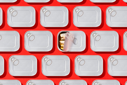 Canned sardines among rectangular tins flat lay on red background