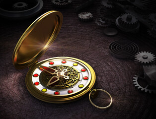 Golden pocket watch on a dark background surrounded by watch parts. 3d illustration