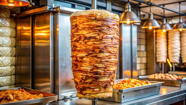 a large kebab skewer hangs in the kebab shop