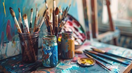 Fototapeta premium Watercolor paint set and brushes placed on an artist s desk