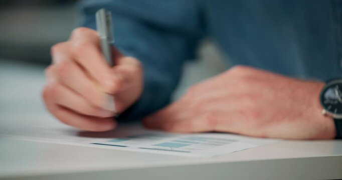 Hands, man and writing for signature on paper in office of application, legal agreement and information of title deed. Person, documents and contract approval, policy and compliance report of company