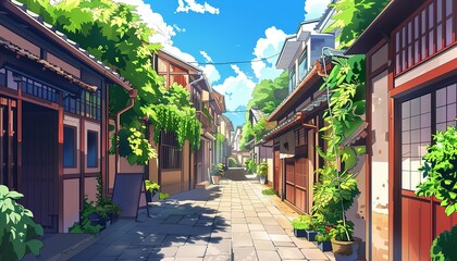 Fototapeta premium Sunny Day in a Japanese Greenery, cartoon