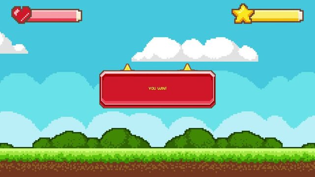 Pixel game you win. Moving banner with cup and congrlatulations. Completing level in arcade or video game. Pixelization and 8 bit style. Entertainment and fun. Graphic animated video clip