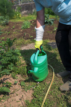Man with plaster working in the garden