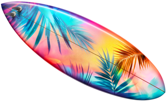 Vibrant colorful surf board with tropical palm tree pattern isolated on transparent background. Summer sea or ocean water waves sport or recreation on holiday vacation, longboard equipment object - Powered by Adobe