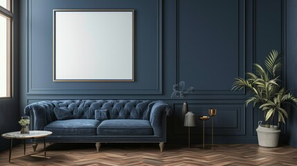 Mockup frame navy blue wall background mockup with furniture and sofa decoration.