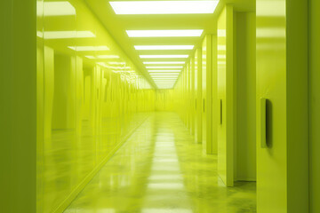 interior of a shiny green hallway with fluorescent lights overhead