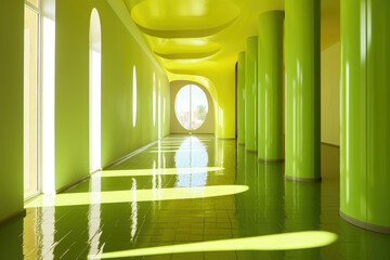 interior of a shiny green hallway with pillars