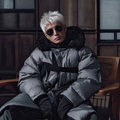 mature asian male model with grey hair and winter jacket