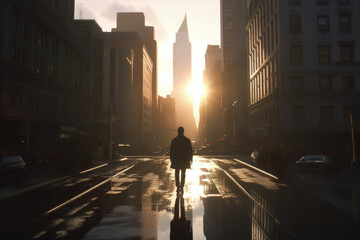person walking alone through city