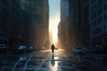 person walking alone through city