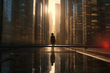 person walking alone through city