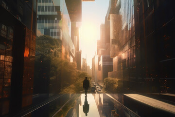 person walking alone through city