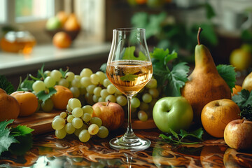 a crystal glass filled with white wine surrounded by fresh fruits like green apples, pears, and grapes, with a soft focus background of a cozy kitchen 