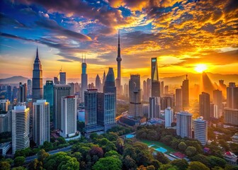 Obraz premium Breathtaking aerial panorama of Kuala Lumpur's majestic skyline at sunrise, featuring the iconic 118 Tower, set against a vibrant orange and blue horizon on July 22, 2023.