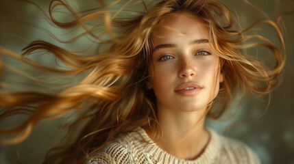 Fototapeta premium A young woman with long flowing hair, dancing with motion blur and wearing a white sweater, the background is a muted grey. 