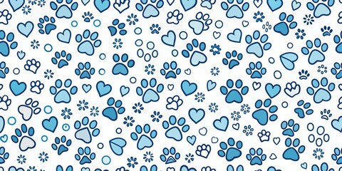 Adorable blue doodle paw prints with sweet hearts scattered throughout, creating a playful seamless pattern on a crisp white background, perfect for fabric design.